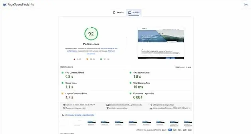 copie d'écran page speed insights