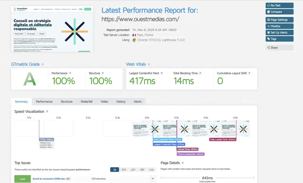 copie d'écran des tests GT Metrix du site ouest medias