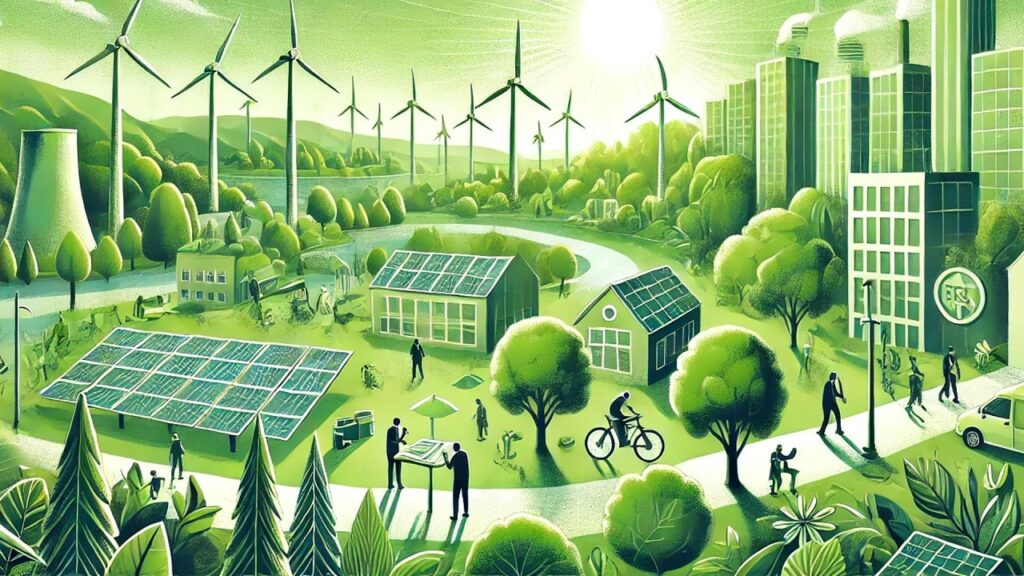 visuel montrant une illustration en teinte verte dominante avec des éoliennes en arrière plan des maisons des arbres