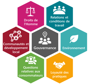 norme iso 26000 : droits de l'homme, relations et conditions de travail, communautés et développement local, gouvernance, environnement, questions relatives aux consommateurs, loyauté des pratiques