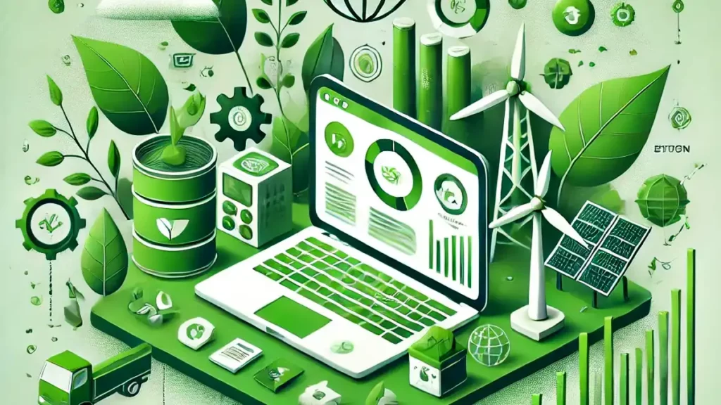 visuel d'illustration généré par IA montrant sur une dominante de couleur verte un ordinateur portable au centre sur fond de verdure et éoliennes