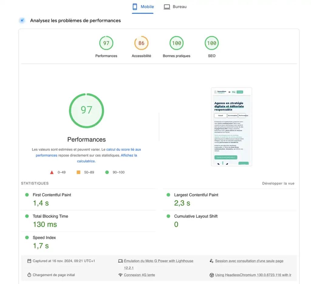 résultats page speed insights version mobile pour le site ouest medias