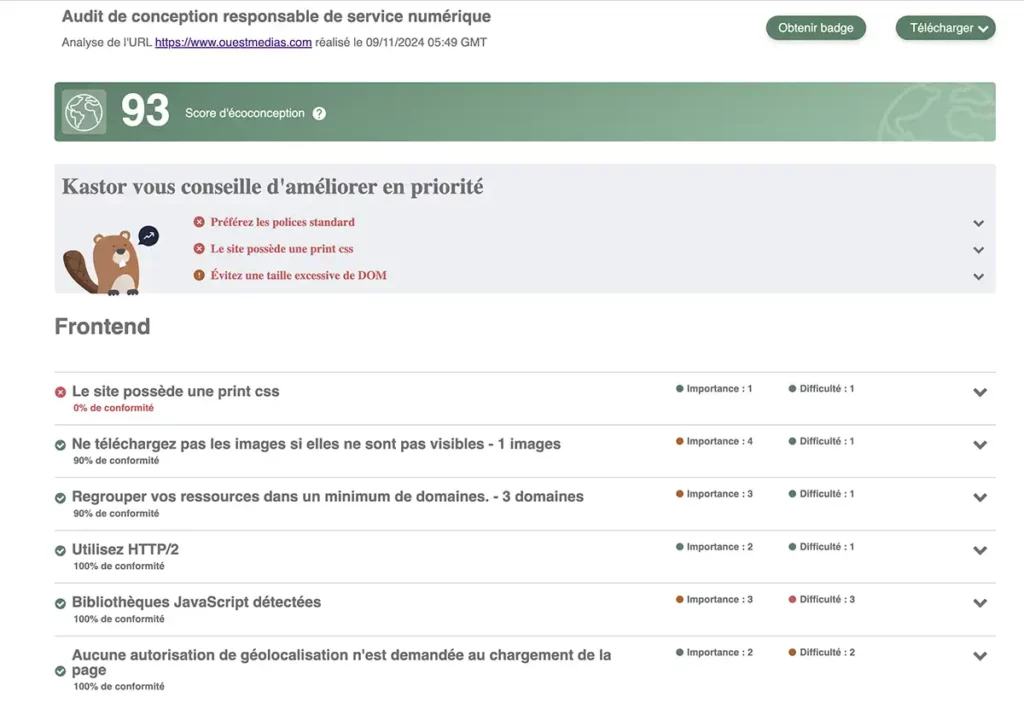 préconisations d'optimisation Kastor du site ouest médias selon le RGESN avec une note de 93/100