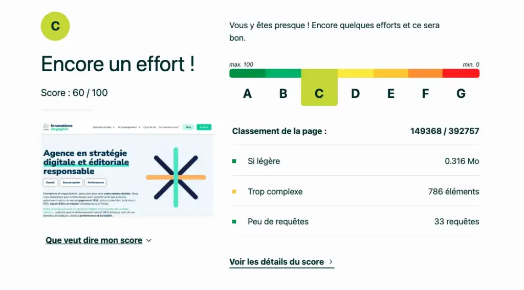 copie d'écran du test EcoIndex du site Ouest Médias 60/100 et C