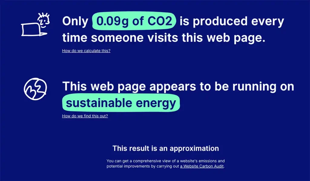 copie d'écran des résultats du test de la page d'accueil du site ouest médias par website carbon : 0,09g de CO2 et énergie verte