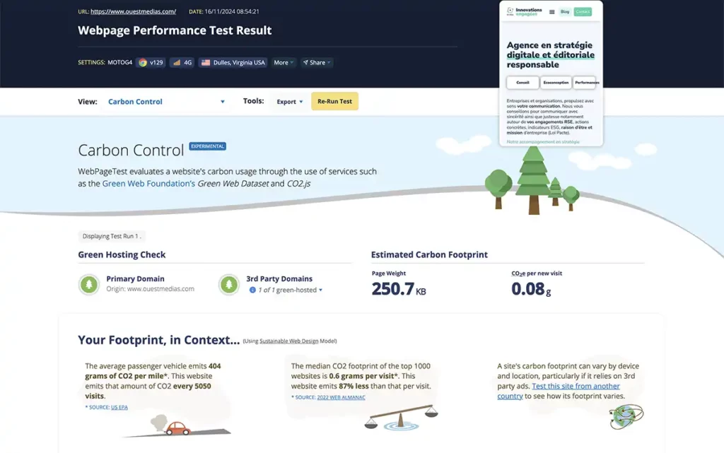 copie d'écran résultats test webpage carbon site ouest médias