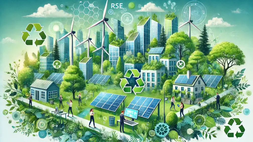 visuel généré par IA montrant dans une dominante verte une ville avec beaucoup de verdure et des éoliennes